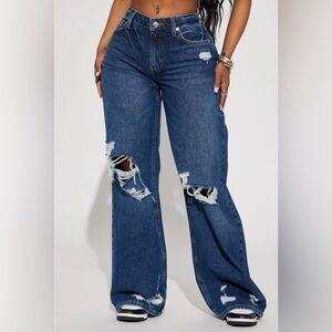 FASHION NOVA - Letting It Go Non Stretch Wide Leg Jeans -Size 15 (Dark Wash)